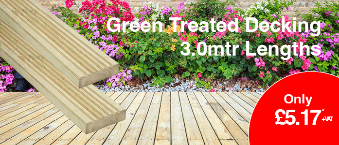 Green Treated Decking 3.0mtr Lengths, Only £5.17 + VAT