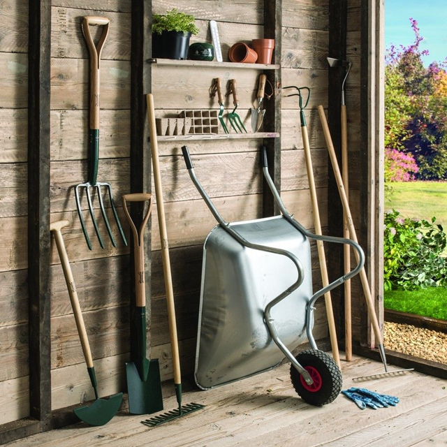 Picture of various garden tools in a shed